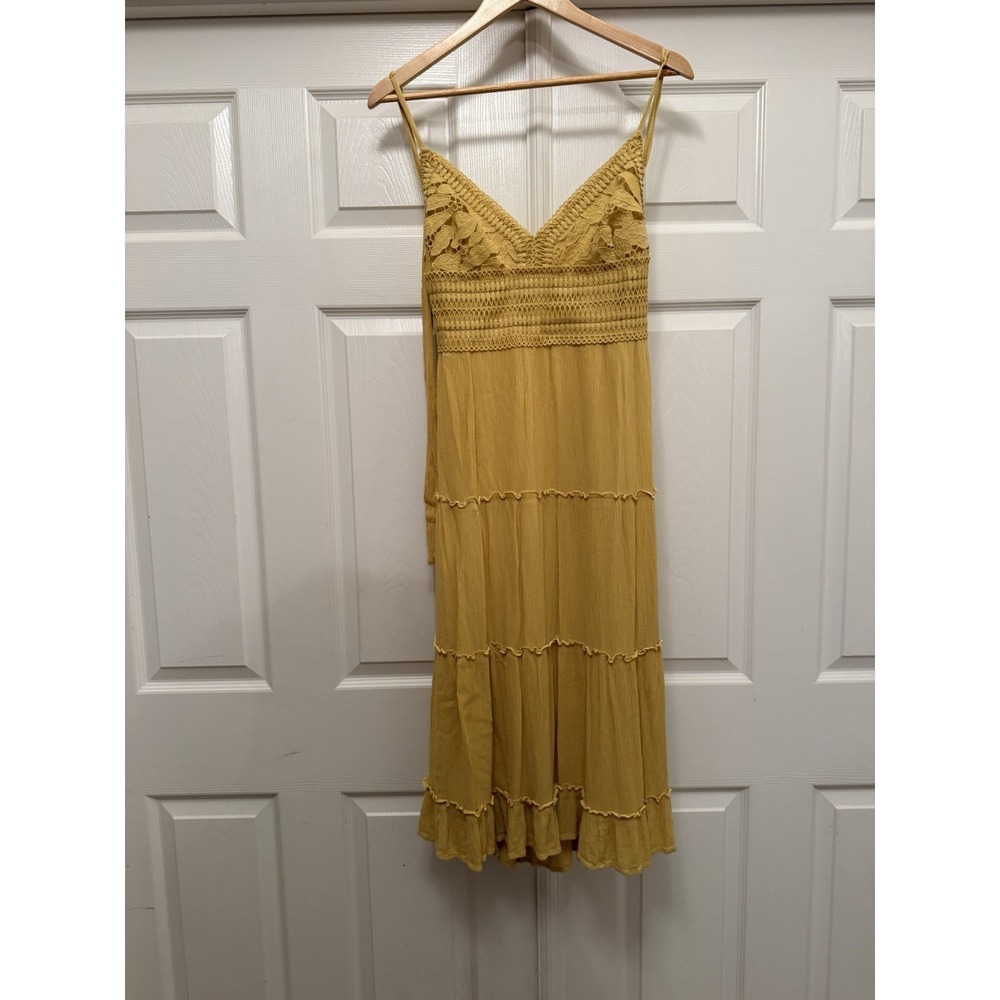 No Comment Midi Dress Womens Large Mustard Yellow Crochet Lace Tiered Open Back